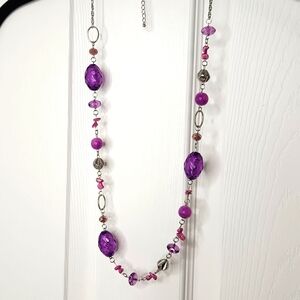 Purple beaded long necklace silver tone metal adjustable